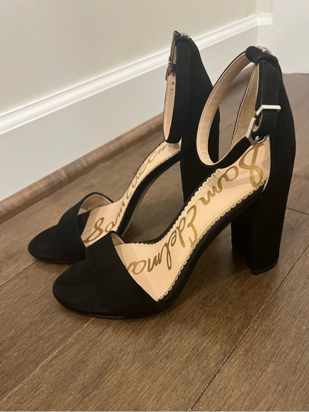 Sam Edelman Black Suede Ankle-Strap Block Heels